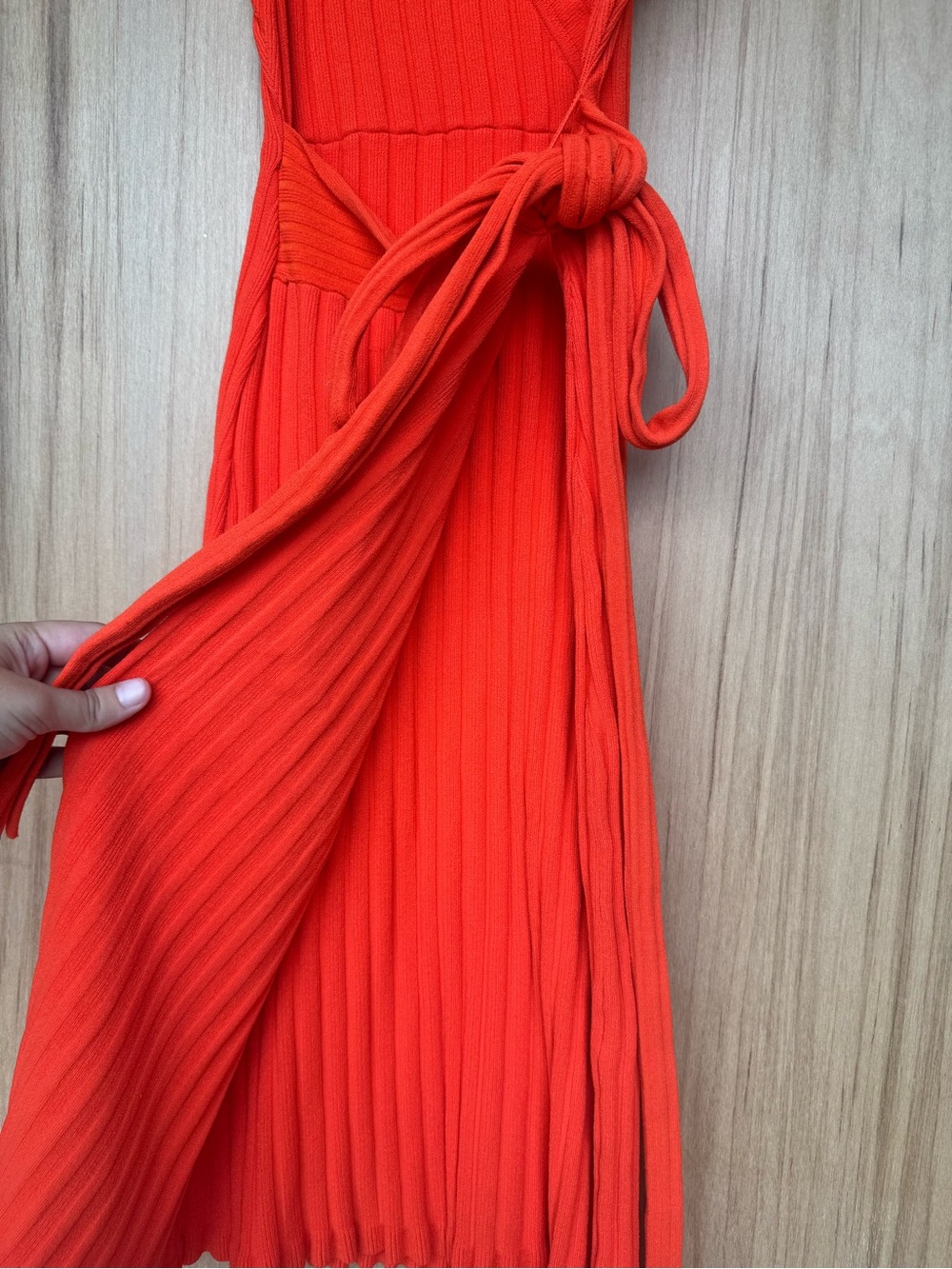 MILLY Persimmon Bold Orange V-Neck Rib Knit Wrap Dress - Picture 7 of 9